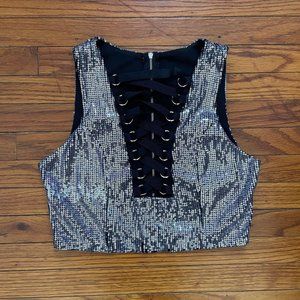 Black and Silver Sequin Lace Up Crop Top
